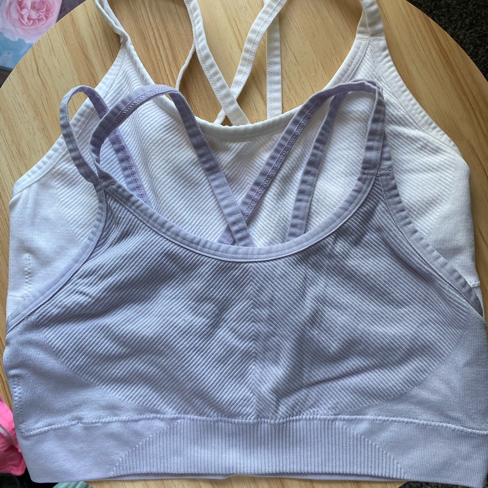 White and pastel purple sports bra